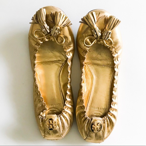 Tory Burch Shoes - Tory Burch Metallic Gold Leather Ballet Flats